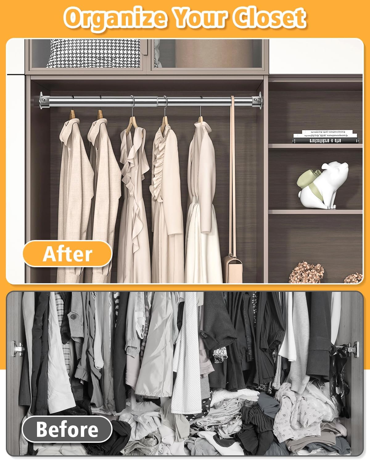 Closet Rod, 17 to 64 Inch Heavy Duty Adjustable Metal Clothing Rack for Hanging Clothes, Closet Poles for Wardrobes, Laundry, Durable Steel, Silver