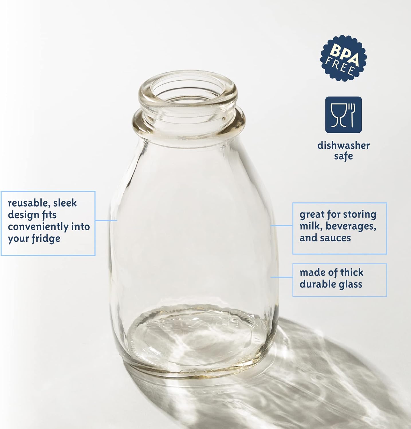kitchentoolz 16 Oz Glass Milk Bottle with Lid - 16 Ounce Short and Wide Glass Milk Container for Refrigerator with Tamper Proof Lid and Pour Spout - Pack of 2