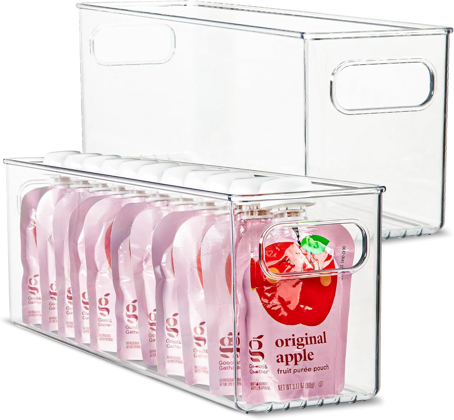 primebox Plastic Food Storage 2 Pack Clear Container Bin with Handles for Organizing Kitchen, Pantry, Refrigerator, Freezer, Pantry, Cabinet, Closet, Bathroom. 14”x4”x5”