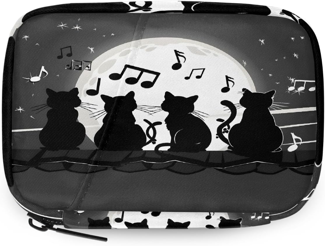 Moon Cat Music Note Pattern Pill Organizer Travel Medicine Case with Zipper Daily Vitamin Storage Bag Portable 8 Slot Weekly Pill Box Supplement Holder for Home Office Gym Travel
