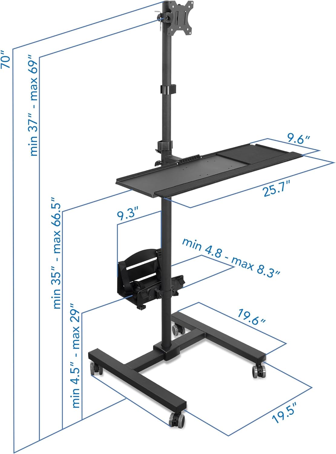 Mount-It! Rolling Computer Cart on Wheels, Mobile Desk Workstation with Monitor Mount for up to 32" Screen, Full Keyboard Tray, Floating Adjustable CPU Holder, Standing up to 70" Tall