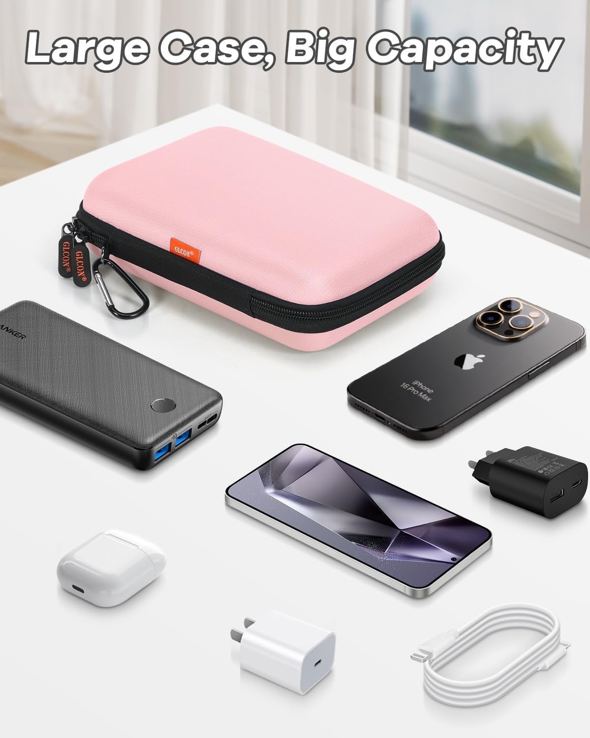 Gentle-Pink Hard Shell Carrying Case for External Hard Drive, Hard Disk, Power Bank, Charger, Cable, Tool, Electronic Accessories - Large Storage Pouch Portable Travel Bag Case for Women Girls Lady