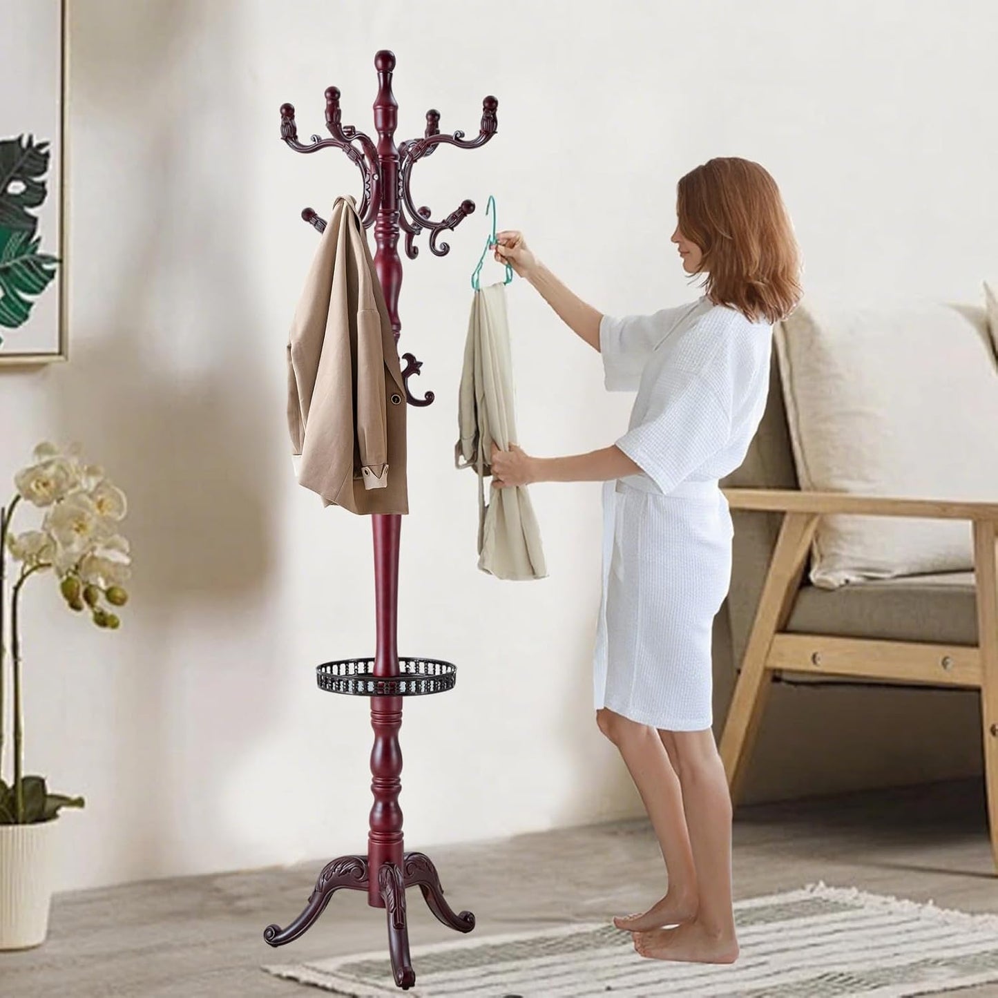 Solid Wooden Coat Rack Stand, Coat Racks Freestanding with 14 Hooks, Natural Birch Wood Coat stands with Sturdy Round Base, Tree Coat Hanger Standing for Entryway Bedroom Office（Redwood triangle2）