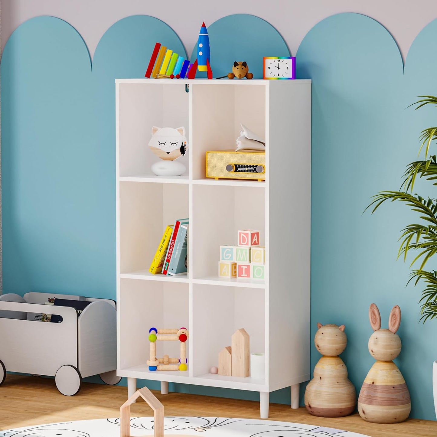 Wood Cube Storage Organizer White Bookshelf - 3-Tier Freestanding Storage Cabinet with Legs for Home Office, 6-Cubes Open Shelf