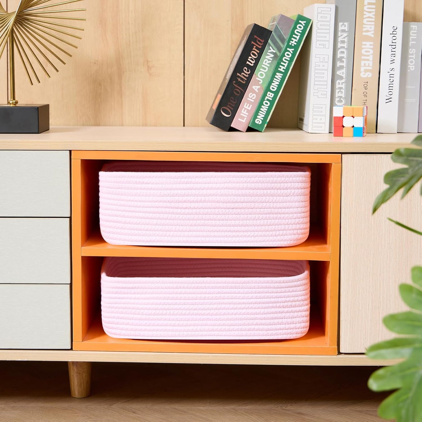 Large Shallow Organizing Baskets 15x11x5.1 Inches - Rope Woven Storage Bins for Bathroom, Shelves, Cube Closet, Light Pink 4 Packs