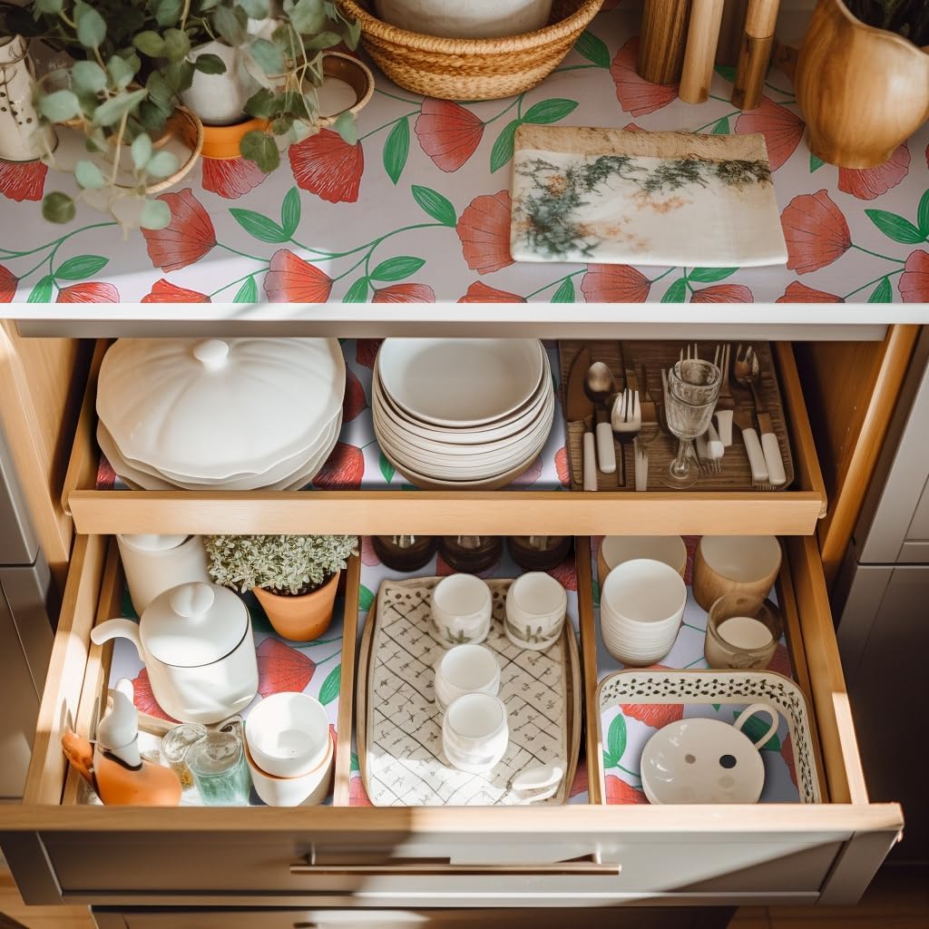 2 Rolls 12" W x 120" L Floral Drawer and Shelf Liner for Cabinets, Non-Adhesive Strong Grip Non-Slip Flower Shelf Cabinet Kitchen Shelf Liners for Kitchen Cabinets