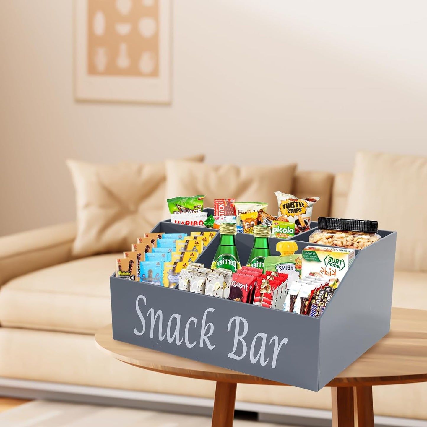Snack Organizer for Countertop, 4 Compartments Acrylic Snack Organizer, Snack Container Holder for Kitchen Pantry Organizer and Storage-Grey