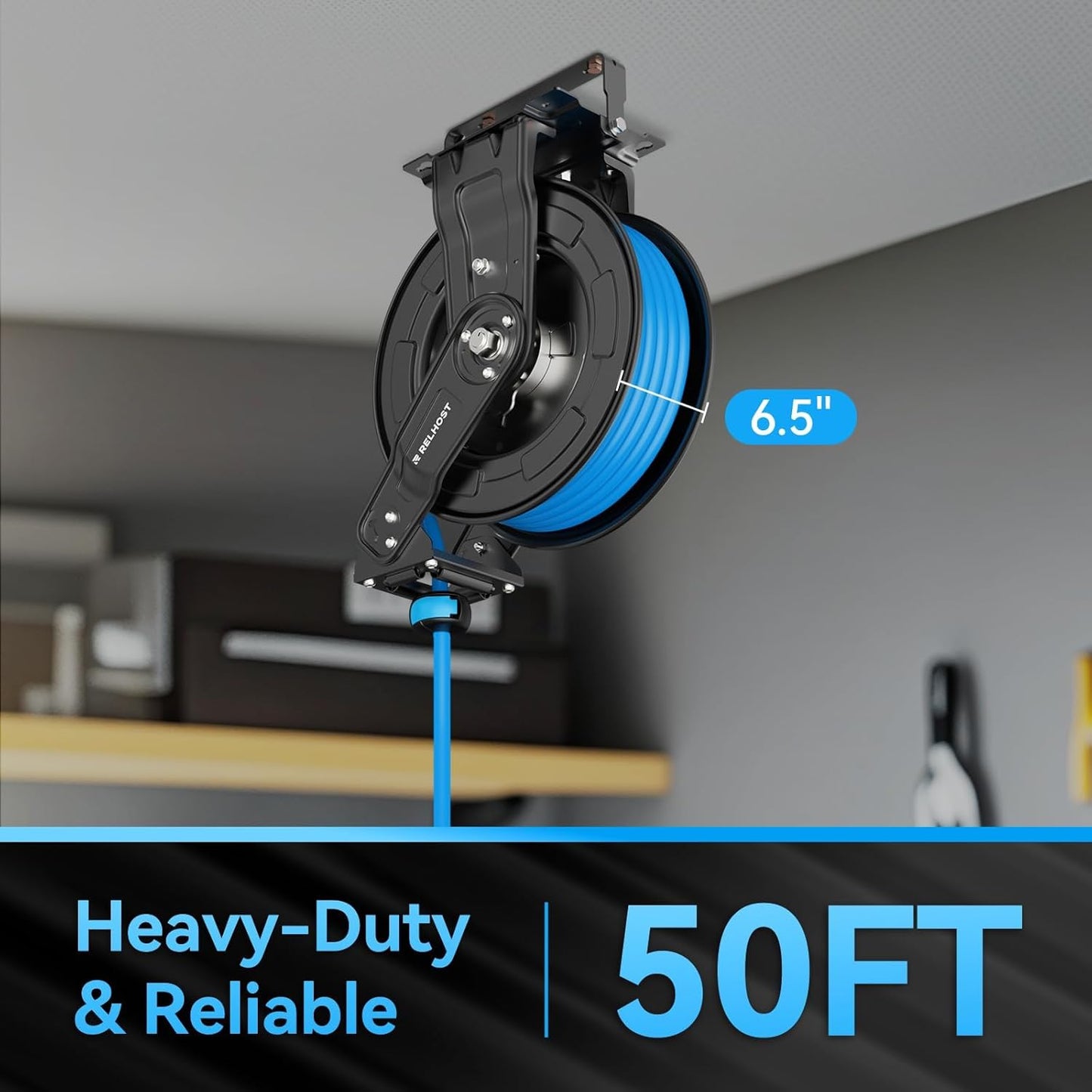 Retractable Air Hose Reel Dual Arms, 50 ft x 3/8 in Hybrid Air Hose (300PSI), Heavy Duty Compressor Hose Reel, Auto Rewind & 180° Swivel - Wall/Ceiling Mount for Workshops