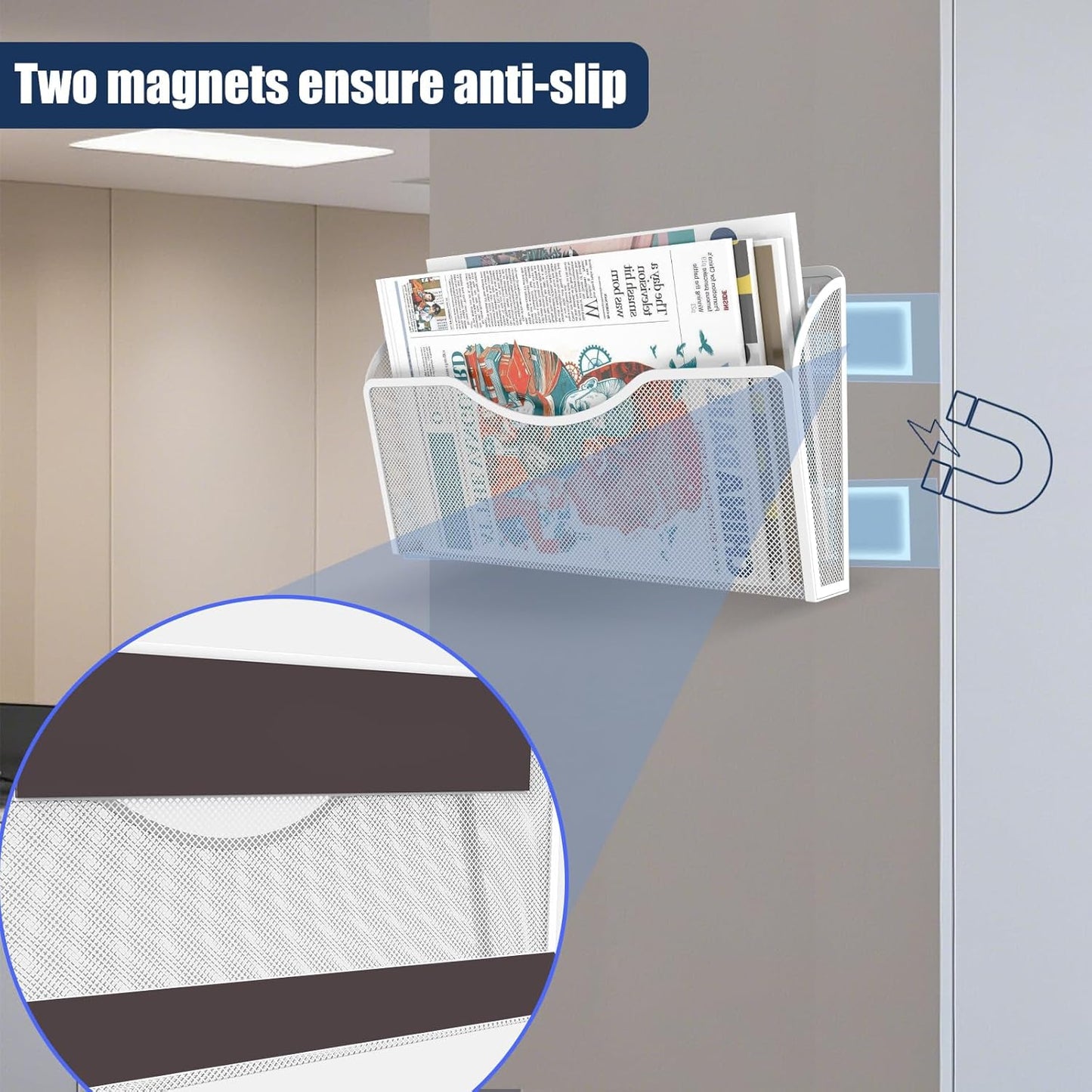 2 Pockets Magnetic File Holder for File Cabinets, Folder Holder Organizer- No Drilling Paper Document Holder, Large Capacity Office Hanging Magazine Rack for Refrigerator, Whiteboard, Office, Kitchen