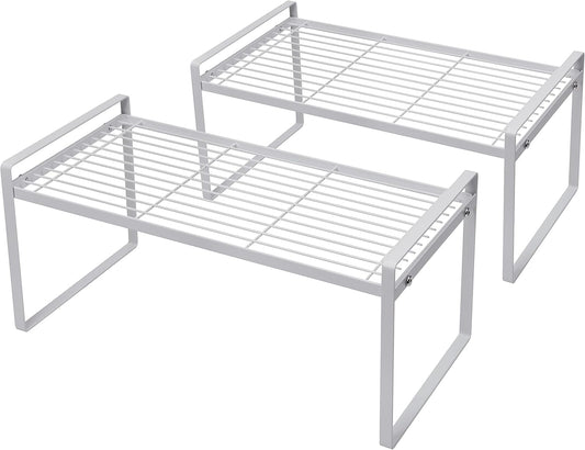 2Pack Cabinet Shelf Organizer Storage Rack Space Saving for Kitchen Counter Pantry Bathroom Cupboard Under Sink Office Table Desk Steel Stackable Rust Resistant Heavy Duty Nonslip 16” White