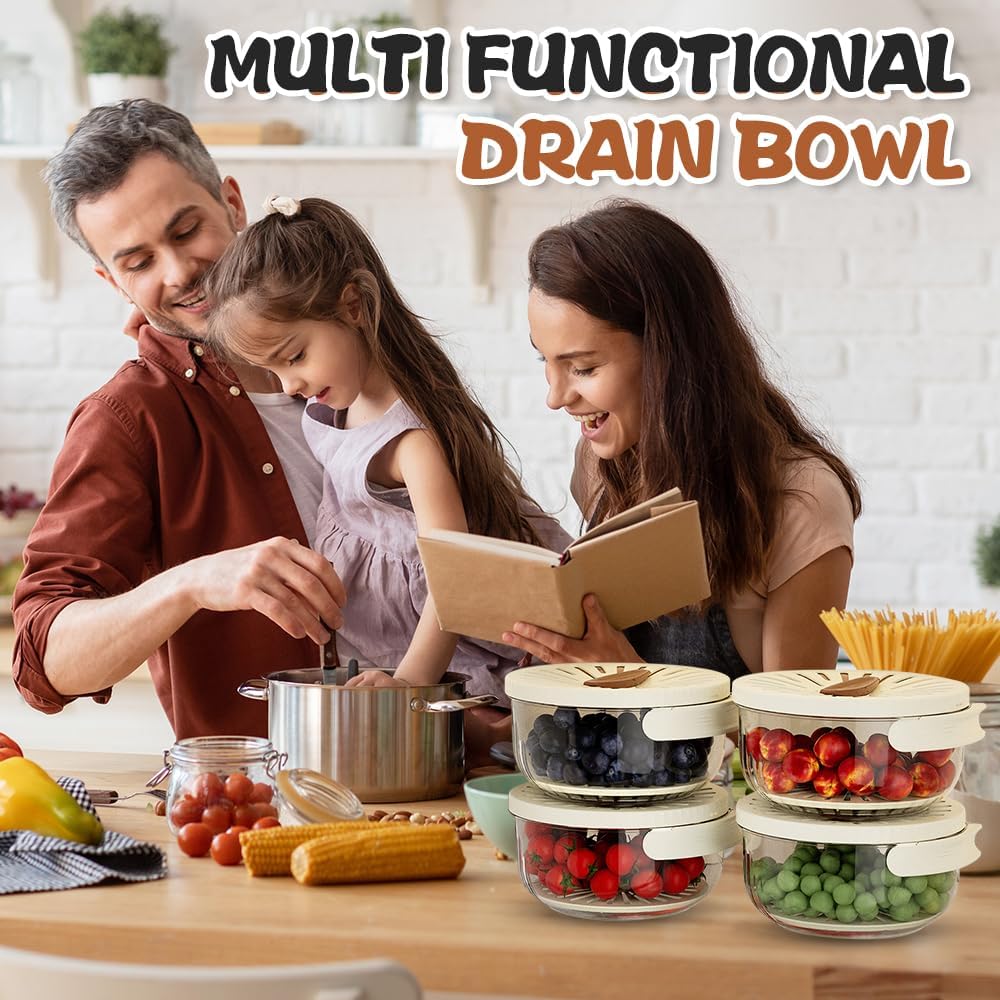 Multi-Functional Fruit and Vegetable Washing Bowl, Fruit Strainer Container with Lid, 2 In 1 Sealed Drainer Basket, Drainer and Freshness Basket, Kitchen Tool with Foldable Handle (Brown+White)