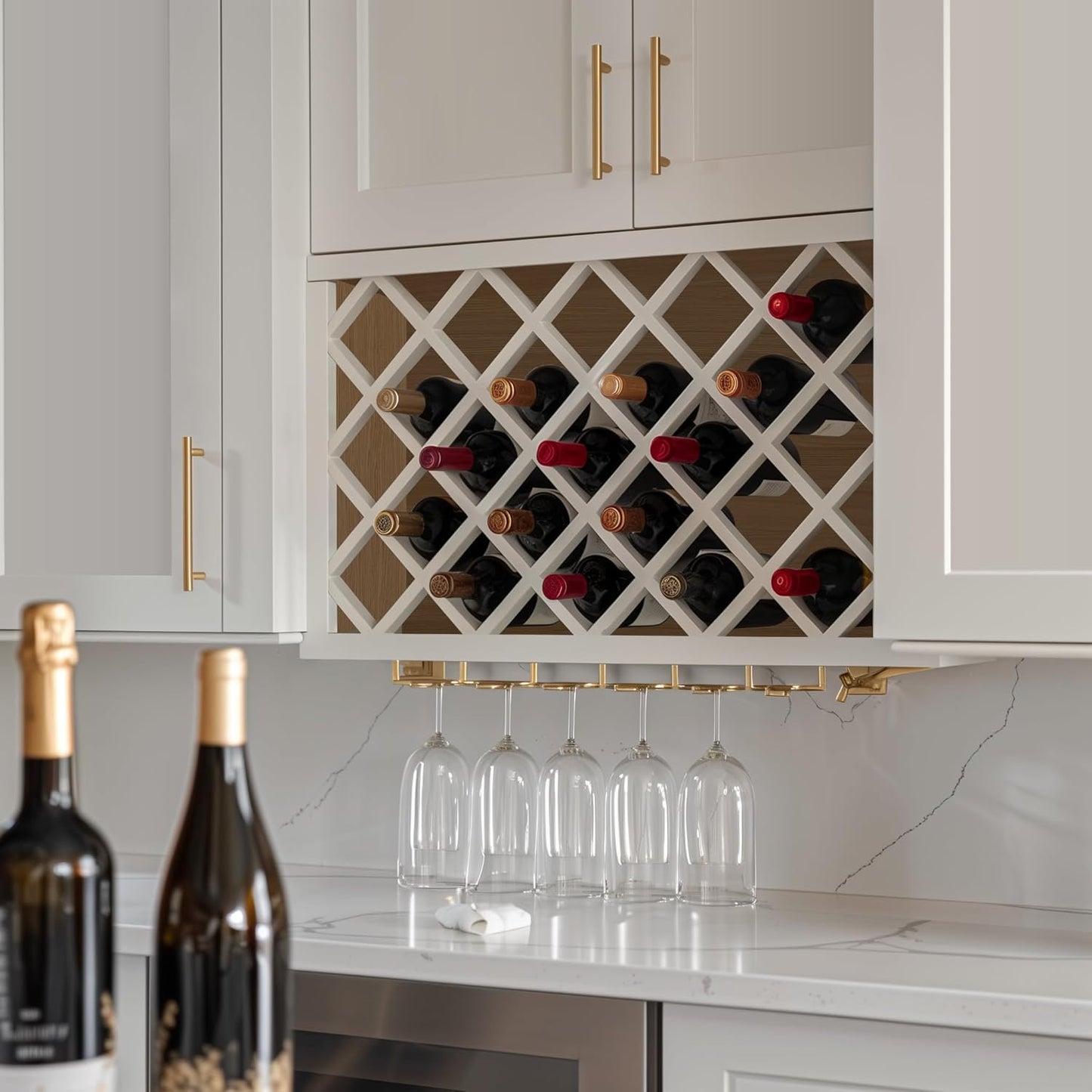Origami Solid Wood RTA Wine Bottle Rack Wall Cabinet with Lattice Panels - Wine Storage for Bar, Pantry, Cellar & Basement - Mocha (36"W 12"D 18"H)