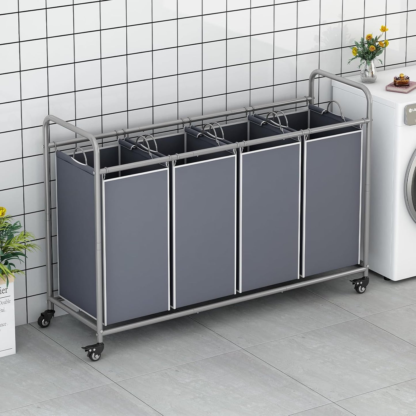 Laundry Sorter 4 Section Hamper Sorter with Heavy Duty Lockable Rolling Wheels Removable Bags Basket Separator for Dirty Clothes Storage, Grey