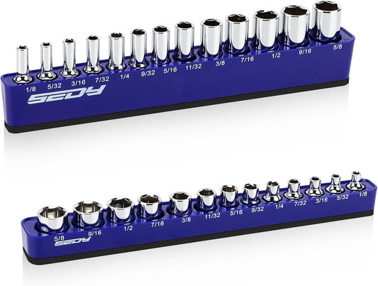 2-Piece 1/4"-Drive SAE Magnetic Socket Organizer Set (Holds 26 Sockets) - Detachable Tool Tray with 5mm Magnetic Base, Screw-Fixed Design & Heavy-Duty Modular Storage for Garage/Home Workshop