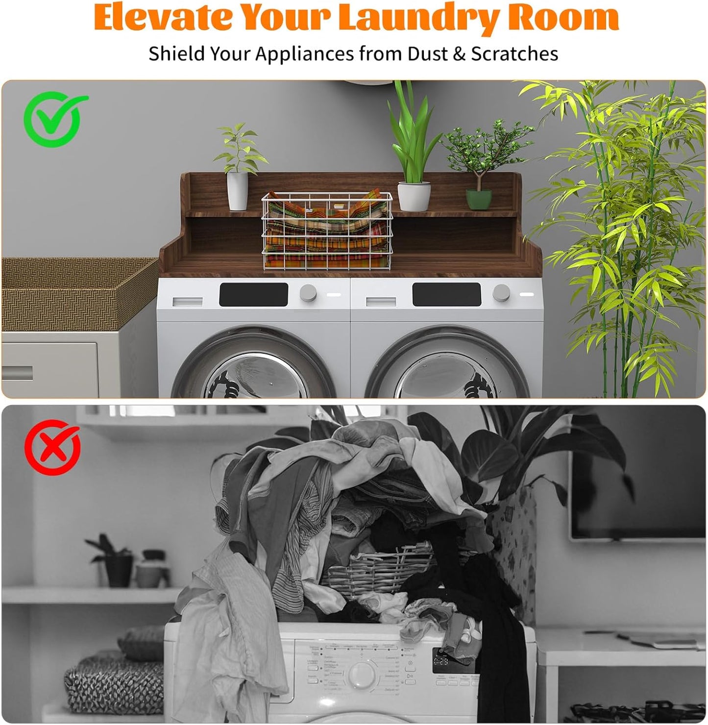 2-Tier Washer Dryer Countertop, Wood Laundry Countertop with Edge, 54" x 27.5" Top Cover for Laundry Machine, Washer and Dryer Wood Shelf Topper for Laundry Room Counter Storage Organization, Walnut