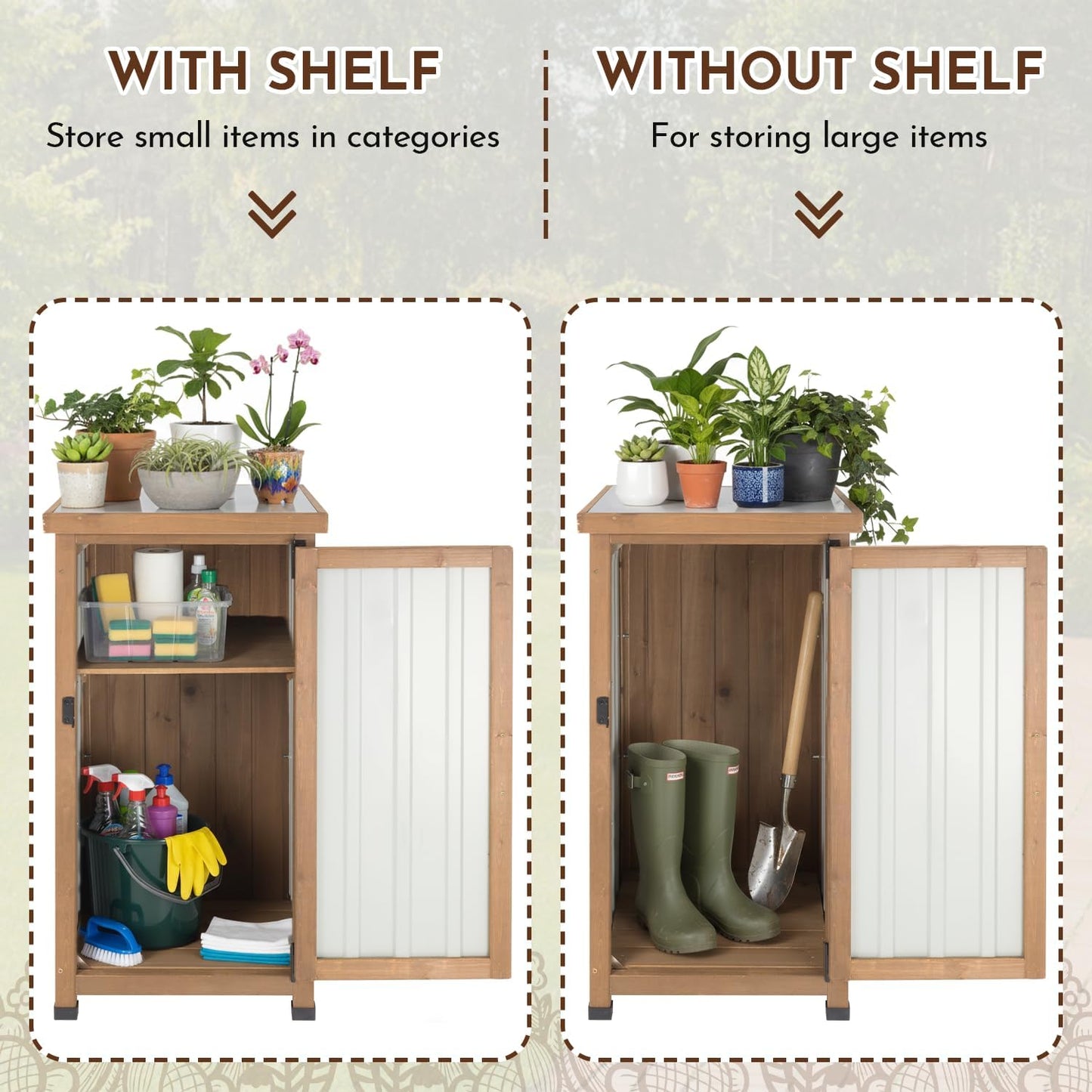 Outdoor Storage Cabinet with Metal Worktop, Fir Wood Frame & Adjustable Shelf, Weather-Resistant Garden Tool Organizer for Patio, Porch, Balcony, or Garage (18" L x 18" W x 33.5" H)
