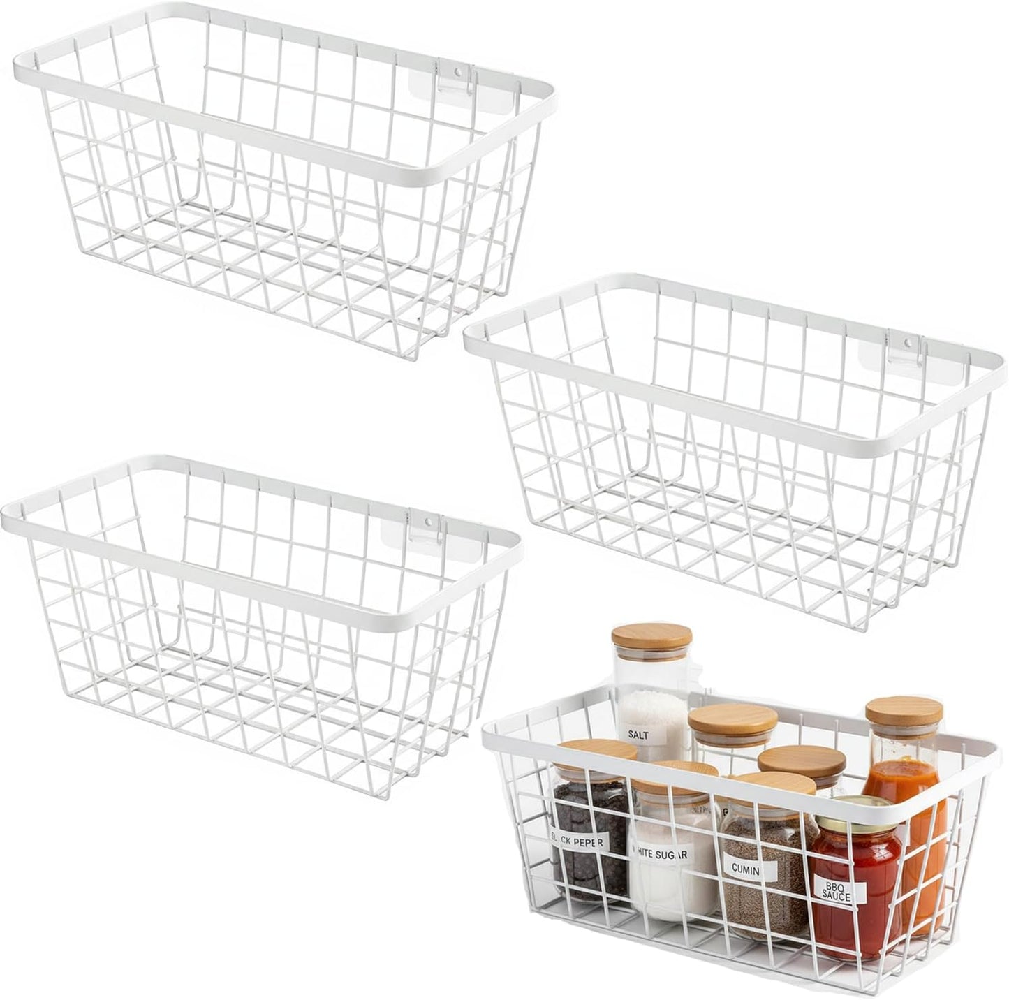 LeleCAT White Hanging Kitchen Baskets For Storage Adhesive Sturdy Small Wire Storage Baskets No Drilling Wall Mounted Kitchen Food Pantry Bathroom Shelf Storage, 4 PACK,White