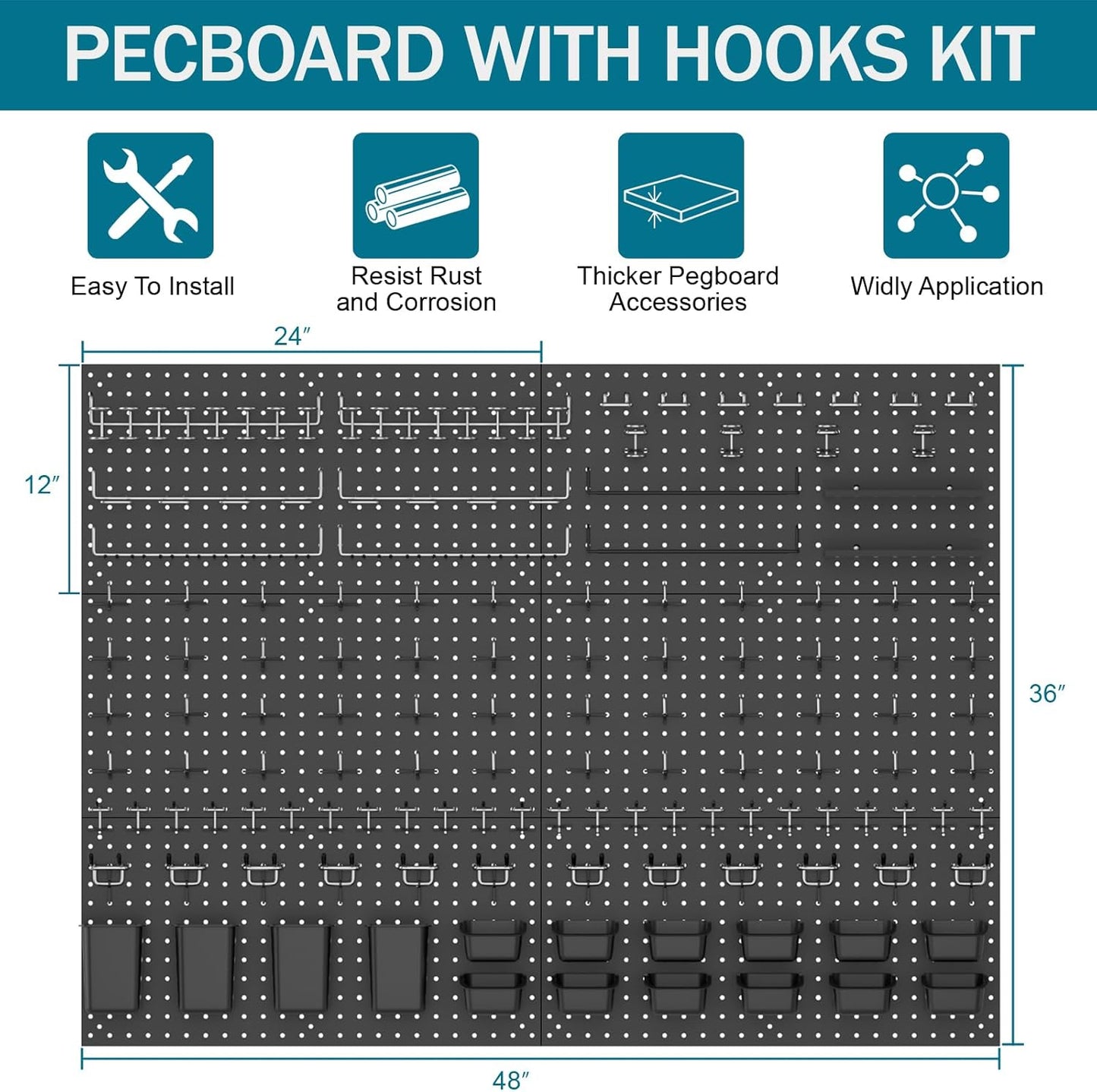 Metal Peg Board Kit with 1/4" Pegboard Accessories, 6 Pack 12"X24" Pegboard and 264PCS Extra Thick Pegboard Accessories,Wall Organizer Peg Board Panels Tool Organizer Storage System (Black)