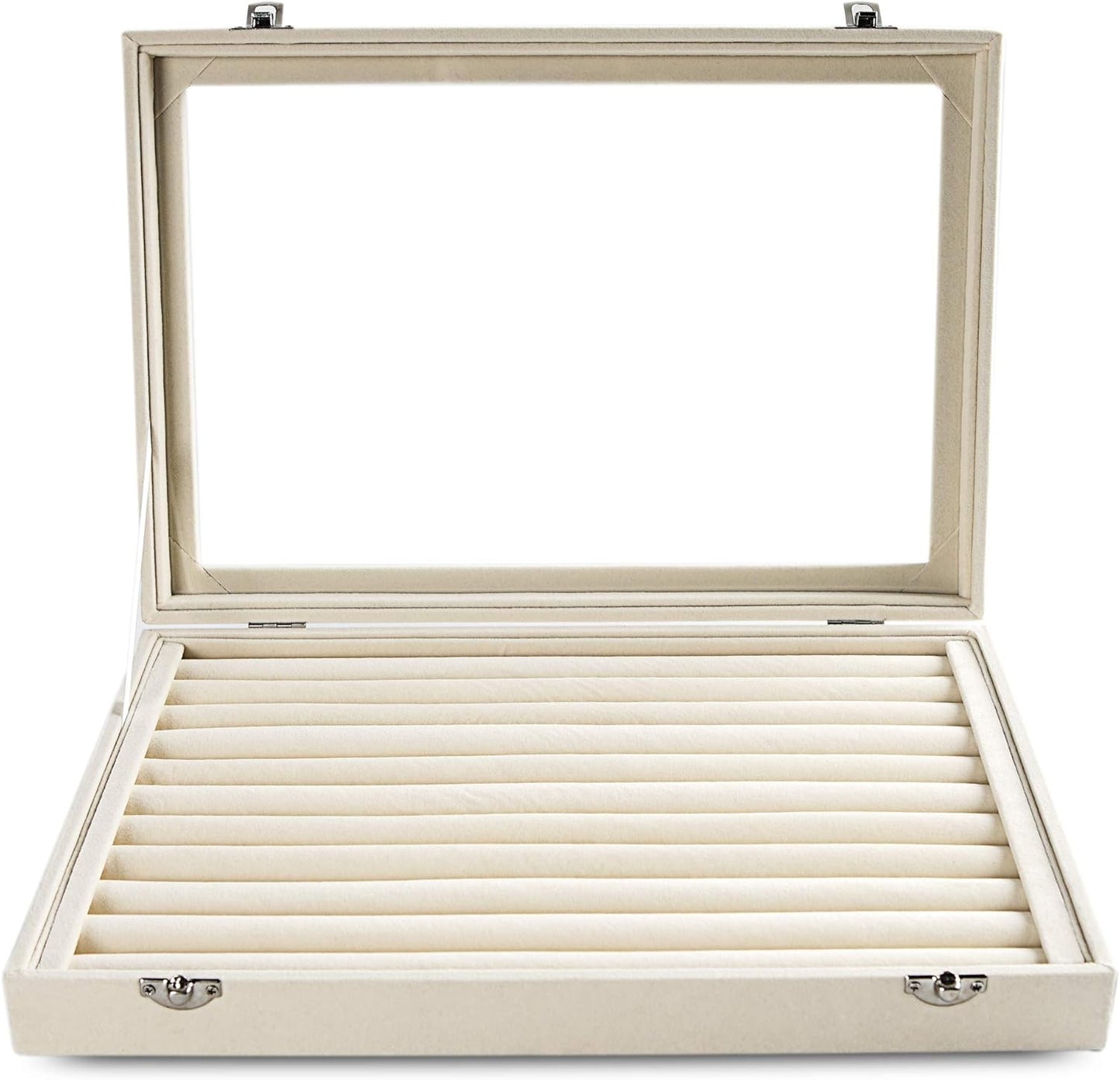 Frebeauty Rings/Earrings Organizer Tray with Clear Lid 10 Slots Velvet Drawer Insert Jewelry Storage box with Glass lid Jewelry Display Case Showcase Gift for Girls Women (Beige, 10 Slots)