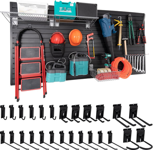 Slatwall Panel Garage Slat Wall Storage Systems with 26 Slatwall Accessories, 4'x8' PVC Black Slat Wall Paneling for Retail Display, Garage Storage, Guitar Shop, Home Storage