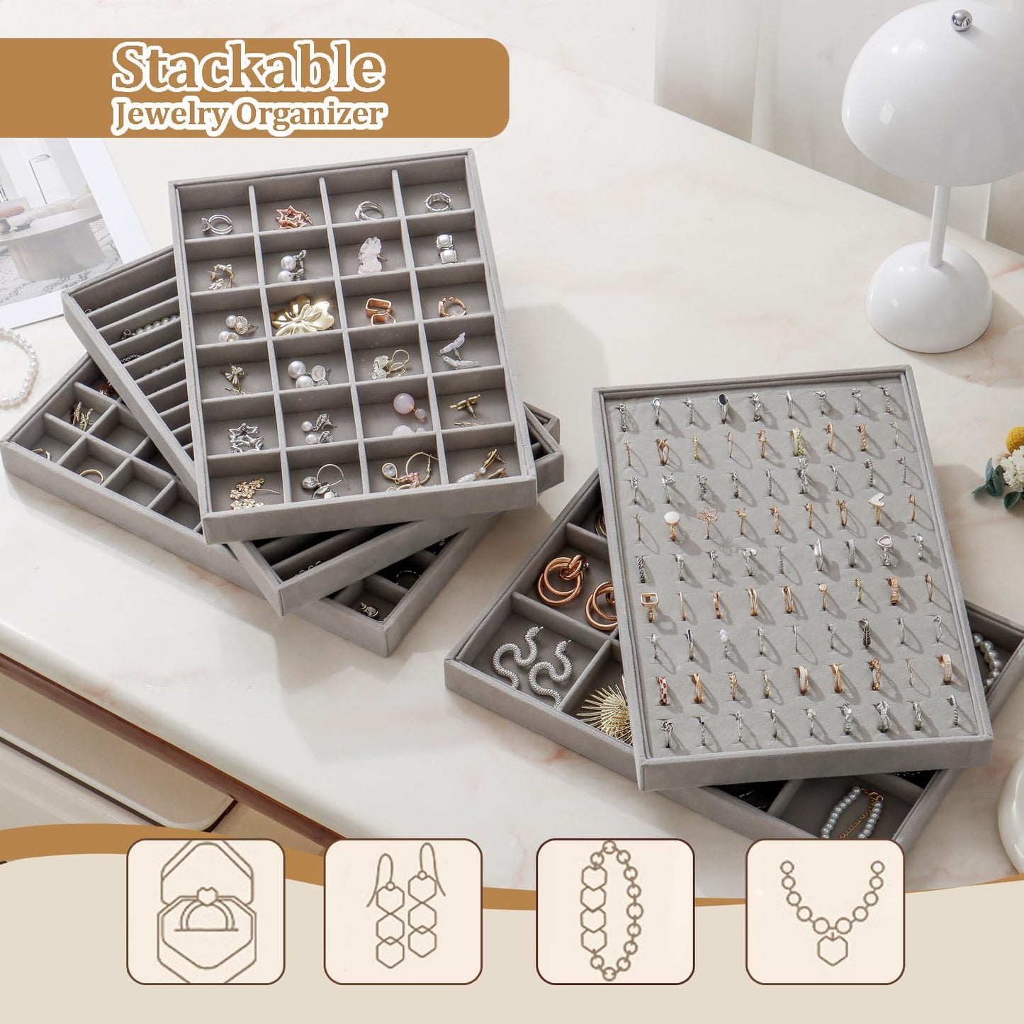 Large Jewelry Organizer for Drawer Insert Velvet Stackable Jewelry Trays for Earring Necklace Bracelet Ring Display (Gray, Ring 100 Slots)