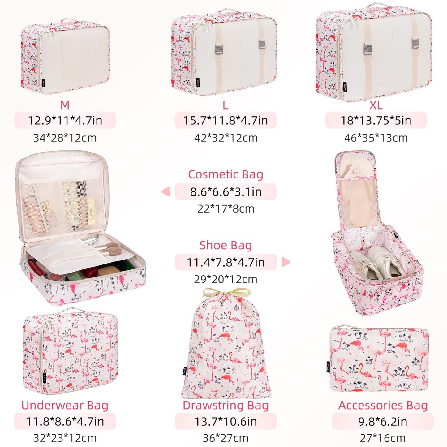 BAGAIL 8 Set Packing Cubes Luggage Packing Organizer Bags for Travel Accessories-Pink Flamingo