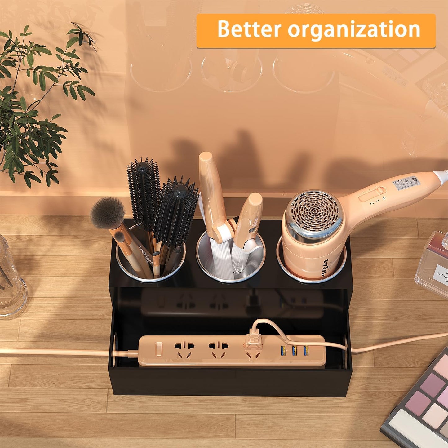 Hair Tool Organizer, Black Acrylic Hair Dryer Holder with 3 Cups, Bathroom Supplies Countertop Blow Dryer Holder, Vanity Caddy Storage Stand for Accessories, Makeup, Toiletries