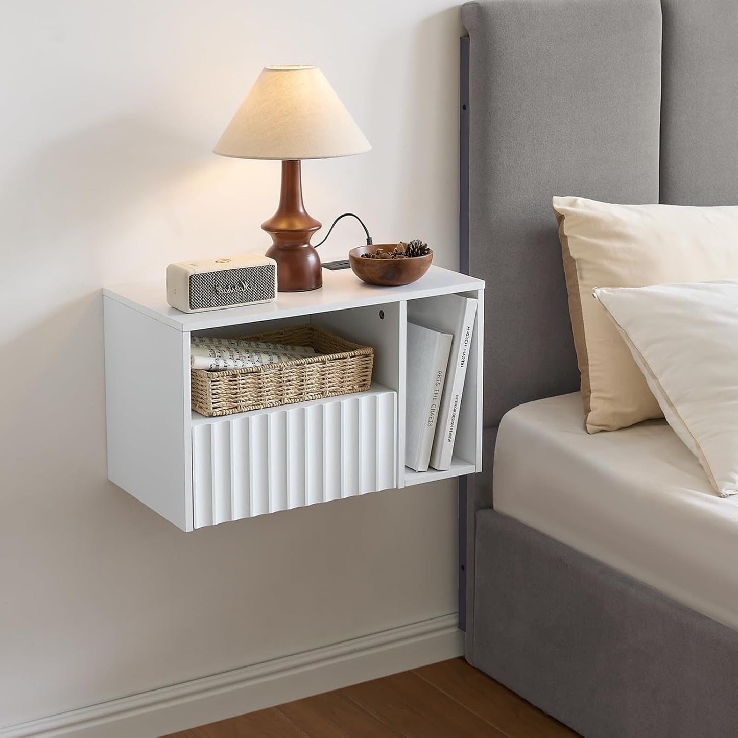 Modern Matte White Fluted Floating Nightstand with Charging Station, NightStand with Drawers, Bedside with USB Ports and Outlets, Bedroom Furniture (Right)