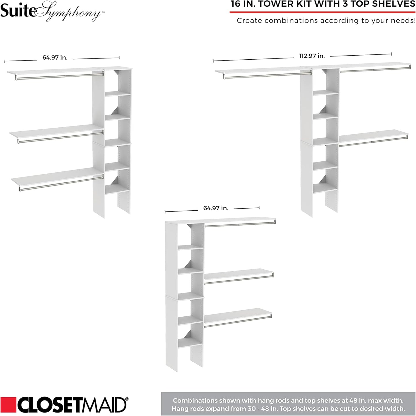 ClosetMaid SuiteSymphony Wood Closet Organizer Kit with Tower 3 Hang Rods, Top Shelves, Adjustable, Fits Spaces 5-9 ft. Wide, Graphite Grey