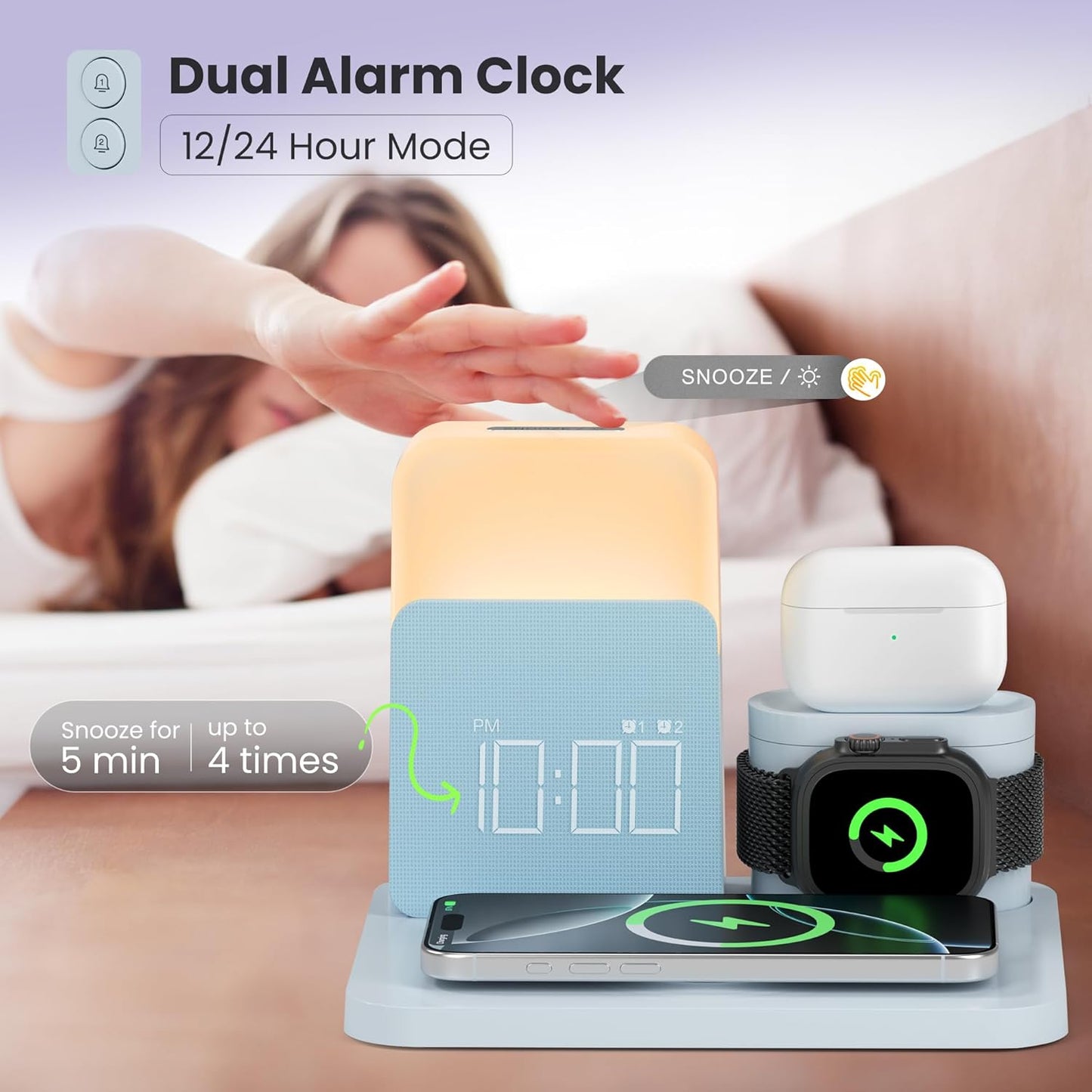7 in 1 Wireless Charging Station, Alarm Clock with Wireless Charger for Bedrooms, Magnetic Charger with Night Light Bedside Clock for iPhone 17 16 15 14 13 12 Pro Max, Apple Watch, AirPods