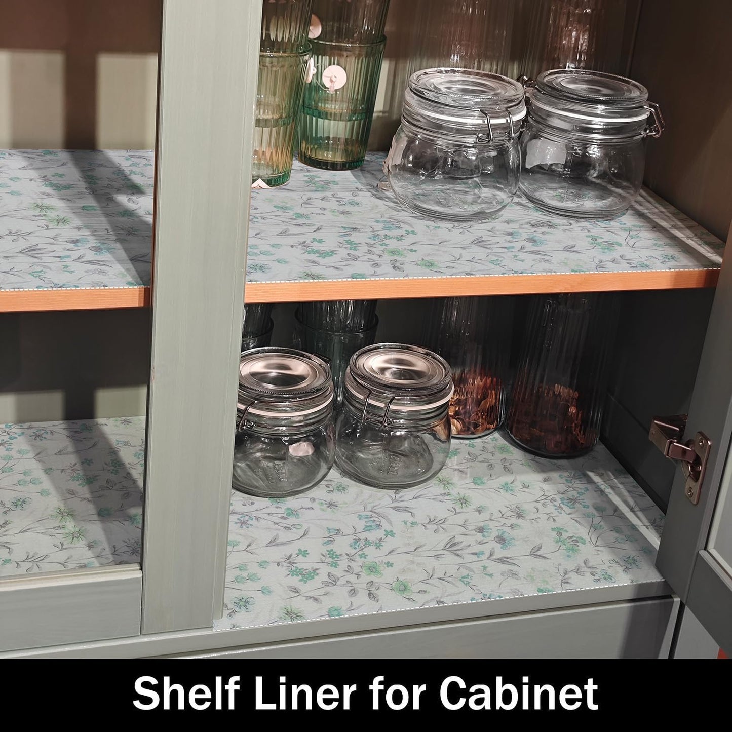 Blue and Green Floral Shelf Liners Non Adhesive and 12IN x 20FT Strong Non-Slip Shelf and Drawer Liners for Kitchen Cabinet Wire Fridge, Waterproof Shelf Drawer Liner,Easy to Clean