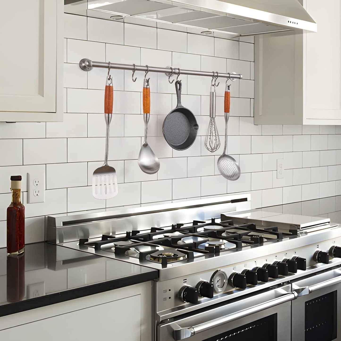 ROTHLEY Stainless Steel Hanging Pot Rack Hanger: 23.7 Inch Pot and Pan Hanger Wall Mounted Hanging Pot Bar Rack Heavy Duty Pot Hangers Kitchen Rail with 8 S Hooks (Brushed)