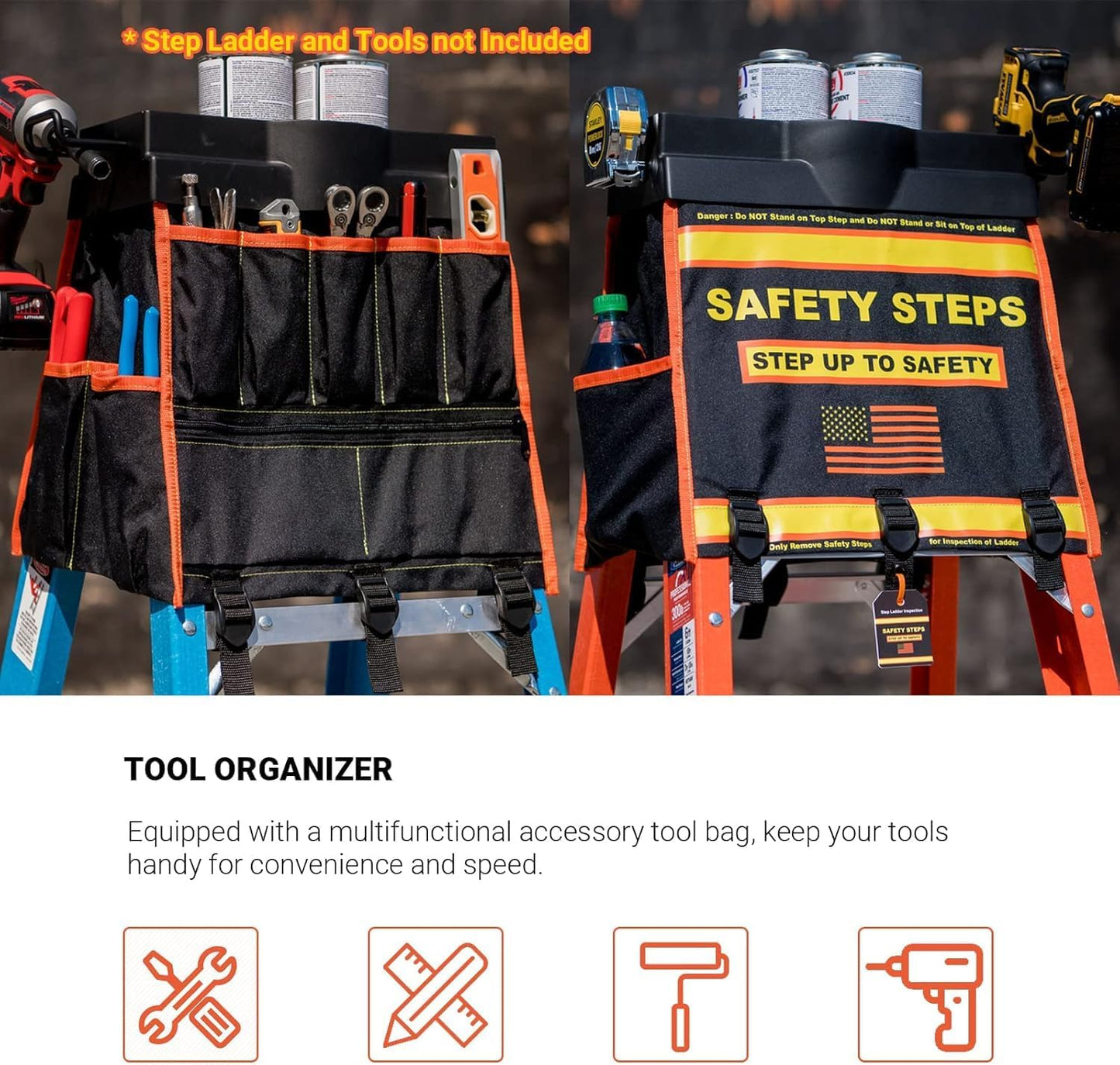 Ladder Organizer with Tool Bag and Slide-Out Tray, High Storage Capacity, OSHA Compliant Steps