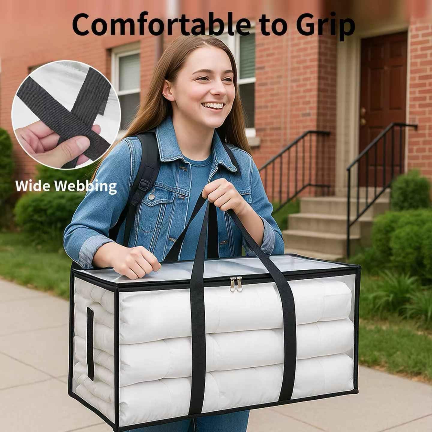 4 Pack-Extra Large Heavy Duty Moving Bags - Waterproof Storage Totes with Handles & Zippers, Foldable for College Dorm, Storage (Clear)