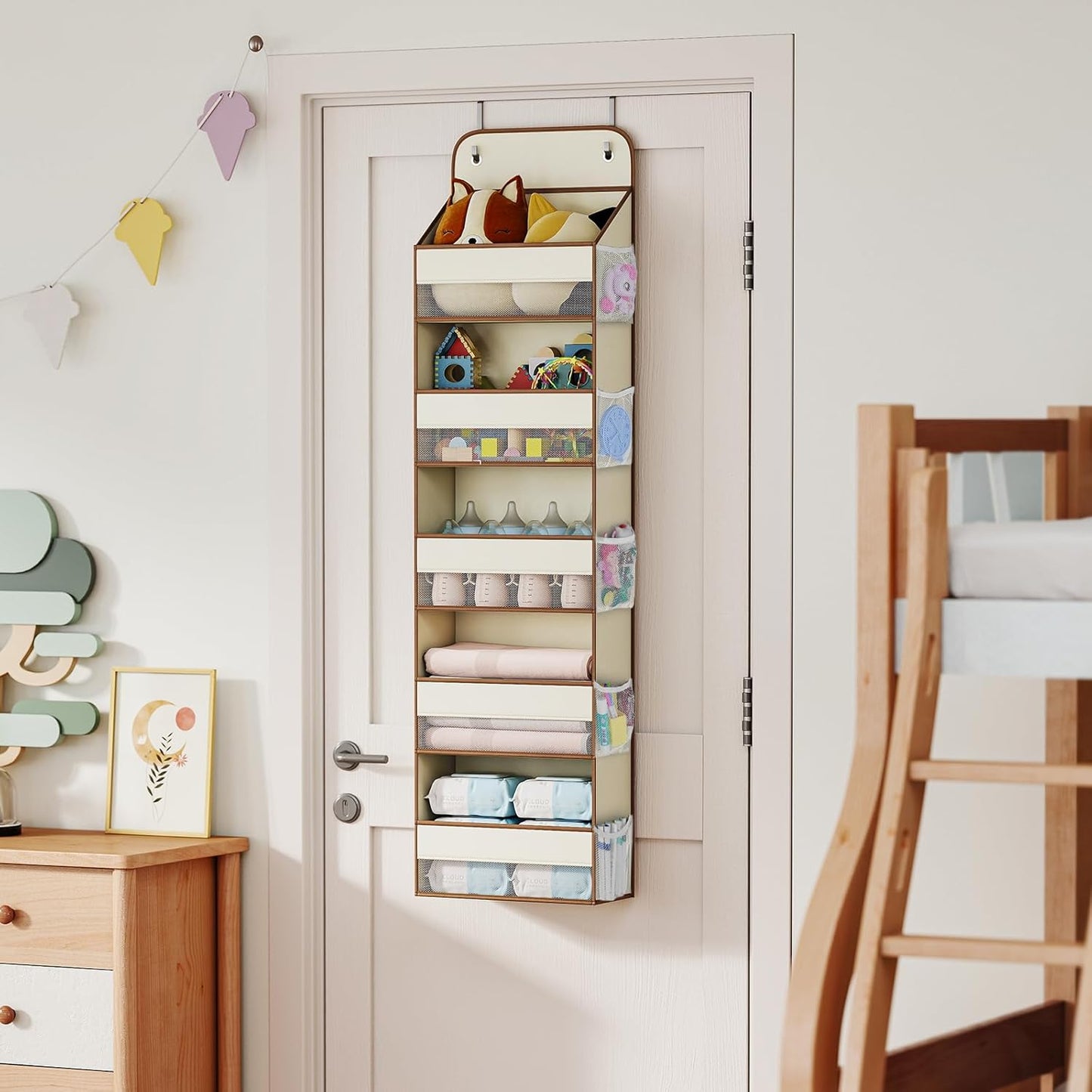 LAMU 5 Tier Over the Door Organizer Hanging, Swing - Proof Closet Behind Door Storage with 5 Large Pocket and 10 Side Pockets, Back of Door Organizers for Bedroom, Nursery and Bathroom (1 Pack, Beige)