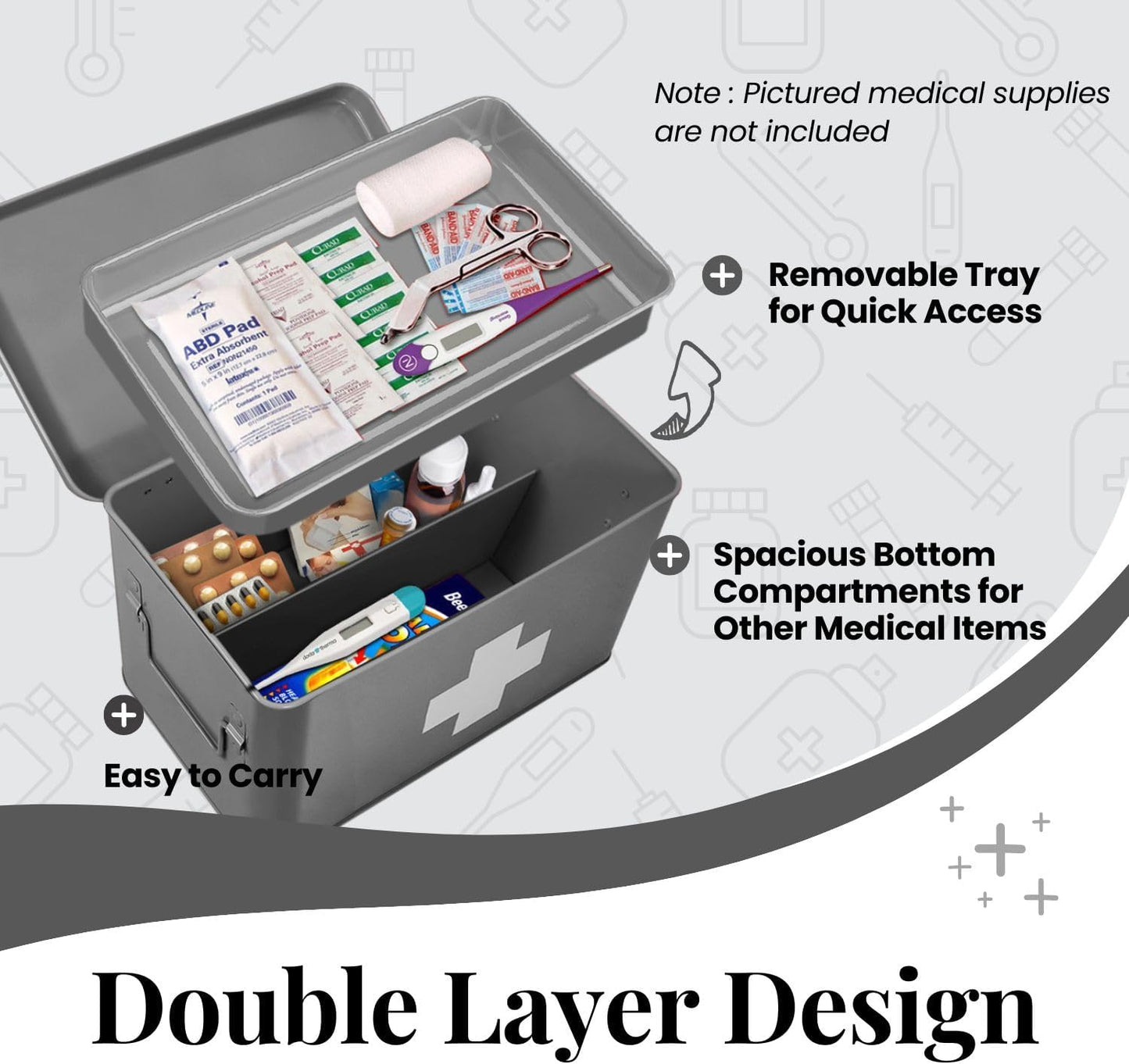 Flexzion Vintage First Aid Kit - 13" Gray Metal Box with Dividers, Removable Tray and White Cross Logo