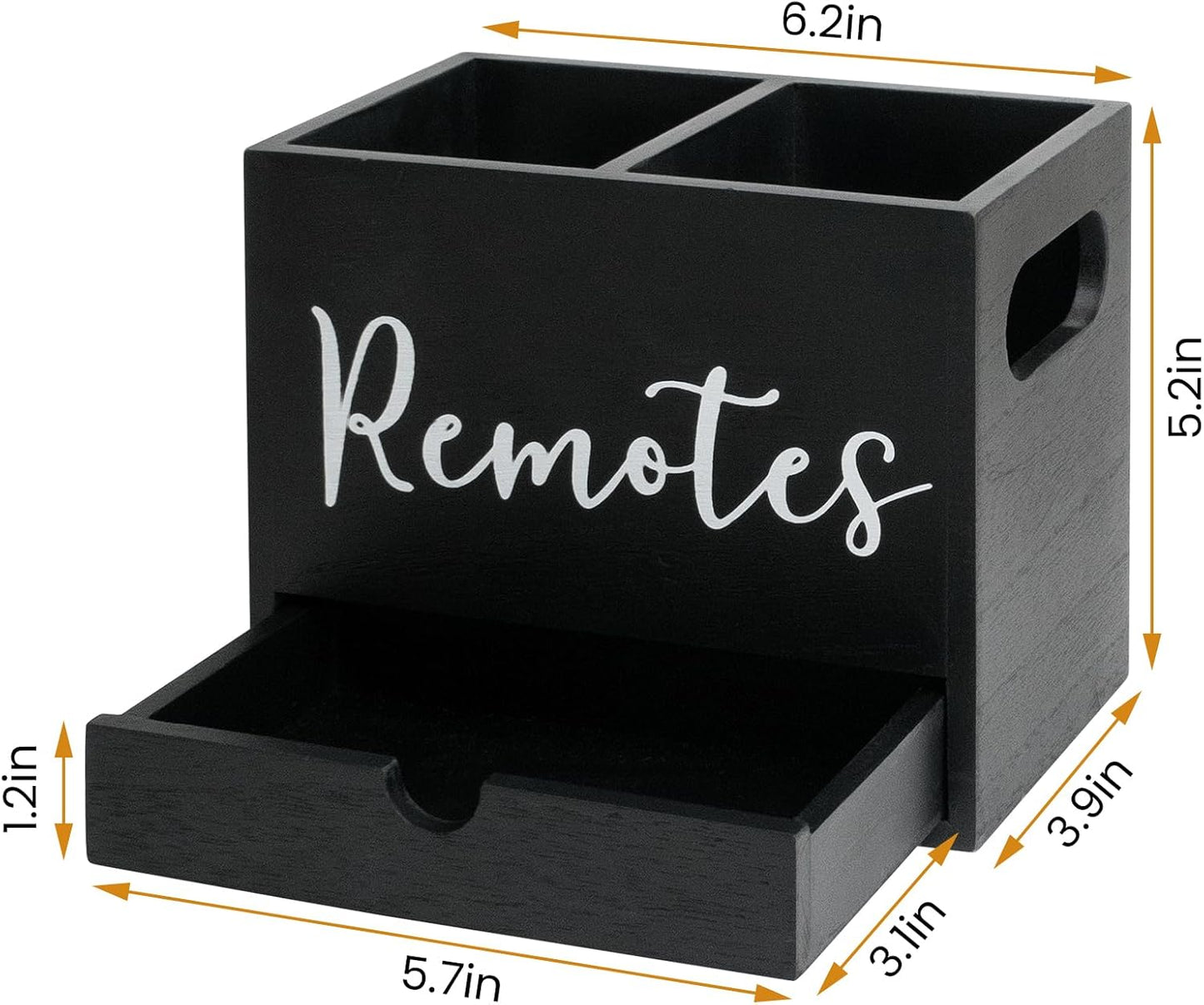 Remote Control Holder, Wooden TV Controller Holder, Desk Organizer with 2 Compartment and Drawers for TV & Office Supplies, Ideal for Tabletop (Black)