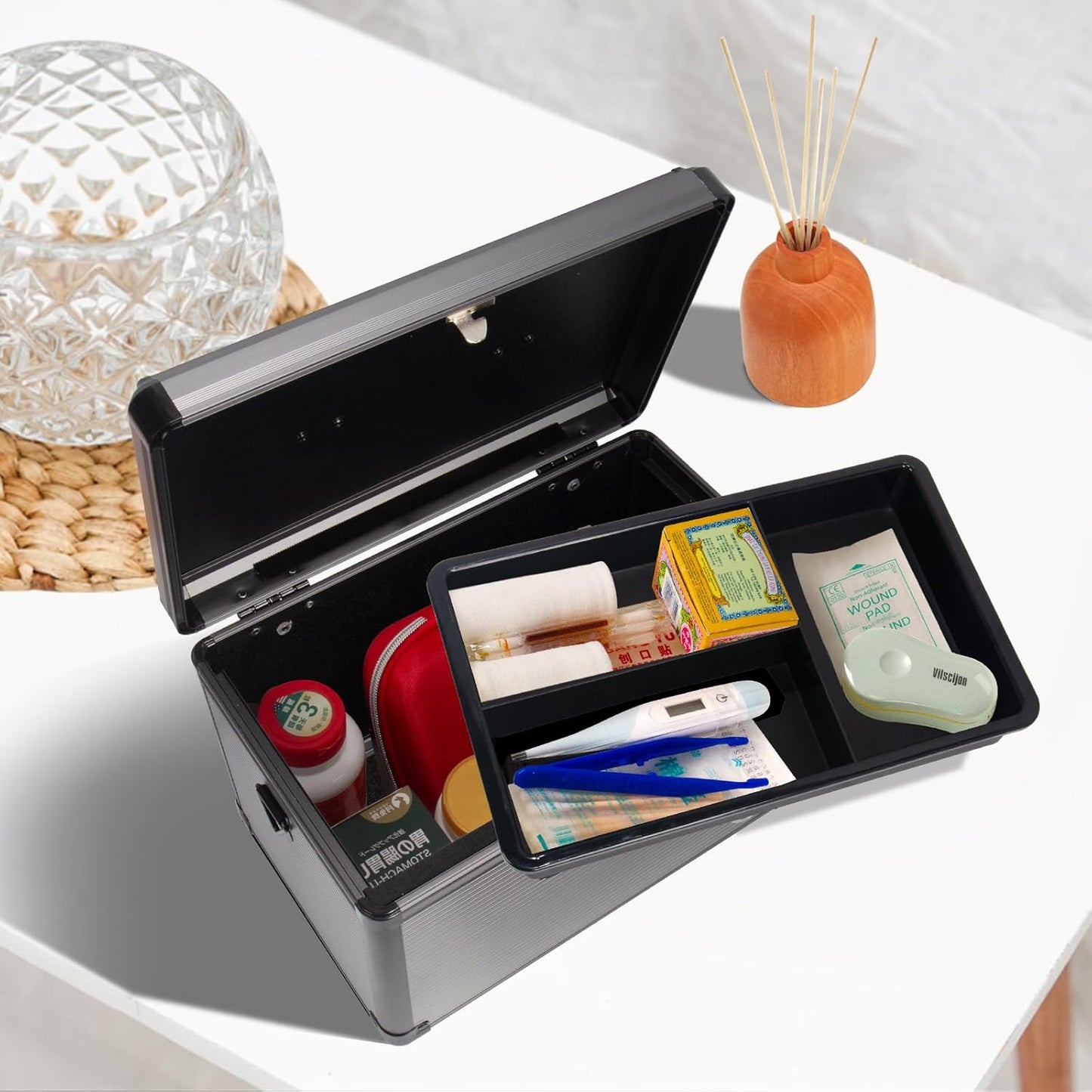 Medicine Lock Box with Key, Alluminum Alloy Box for Medication,First Aid Box with a Removeable Tray to Store Medicines & Pills for Home, Black, 14 * 8.46 * 7.48 Inch