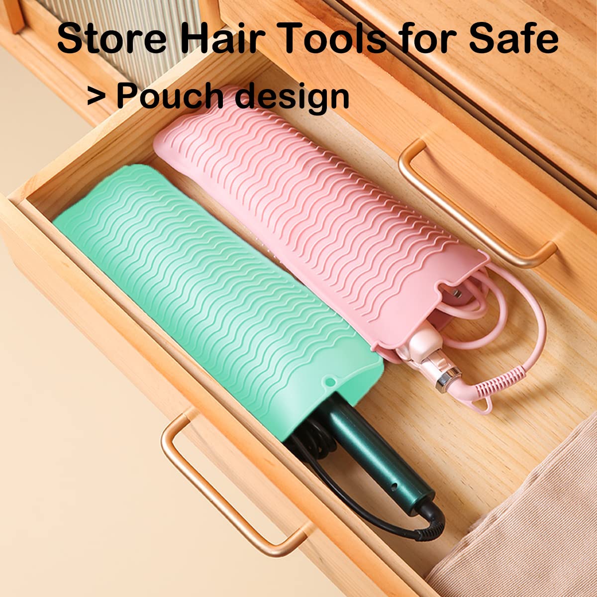 2 Heat Resistant Silicone Mat with Hanging Hole, Straightener Heat Resistant Travel Mat & Pouch for Curling Iron, Flat Iron and Other Hot Hair Styling Tools, 11 x 5 in, Pink+Green