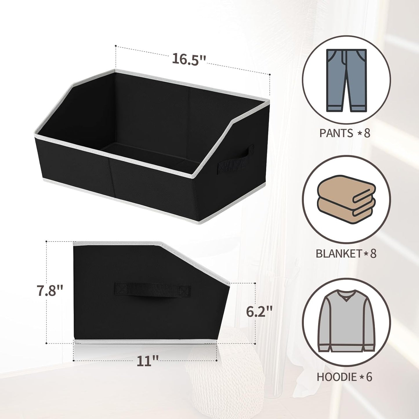 Closet Baskets for Shelves Trapezoid - Decorative Storage Baskets with Handle, Closet Bins for Organization, Shelf Storage Bins for Clothes, Books, Home, Office, 8 Pack, Black