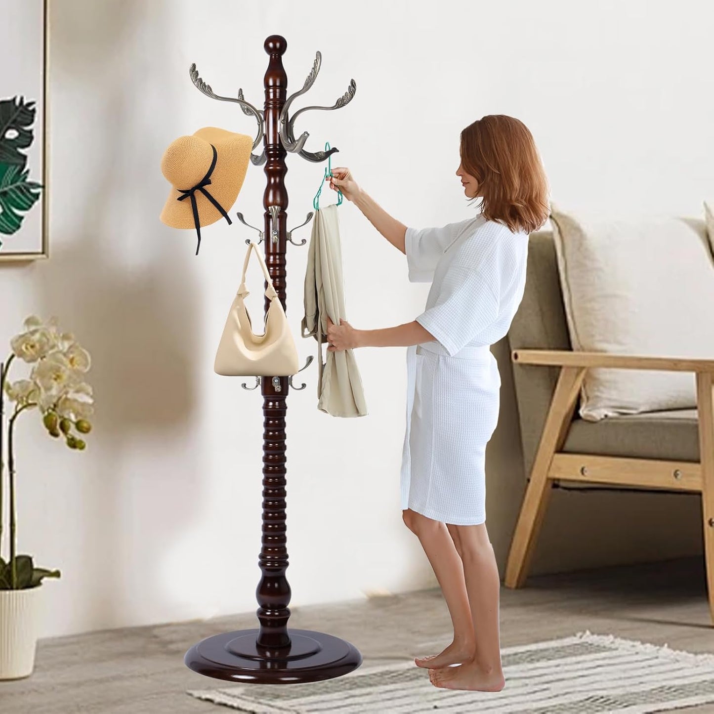 Solid Wooden Coat Rack Stand, Coat Racks Freestanding with 14 Hooks, Natural Birch Wood Coat stands with Sturdy Round Base, Tree Coat Hanger Standing for Entryway Bedroom Office (Metal Hook)
