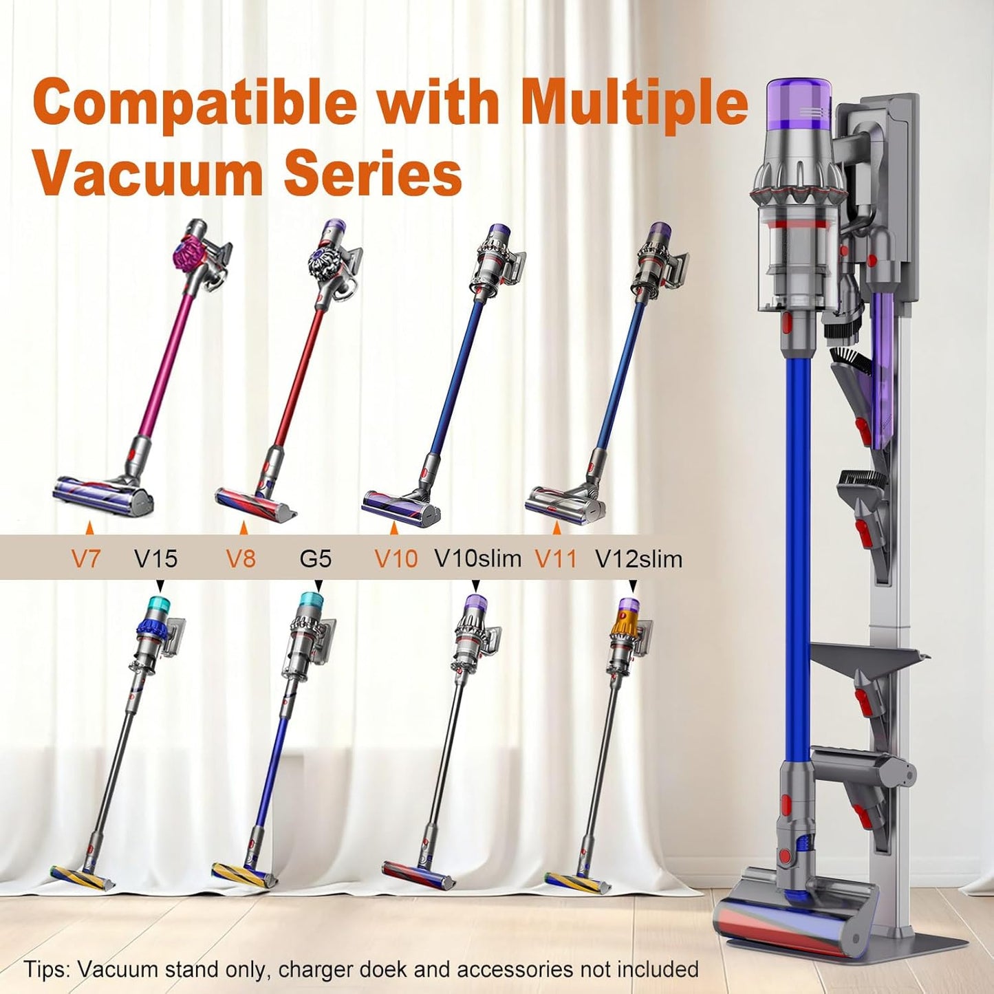 Vacuum Stand for Dyson with Foldable Storage Hooks and Heavy-Duty Carbon Steel Base, No Drill Installation, Space-Saving Organizer for All Dyson Cordless Vacuums & Accessories