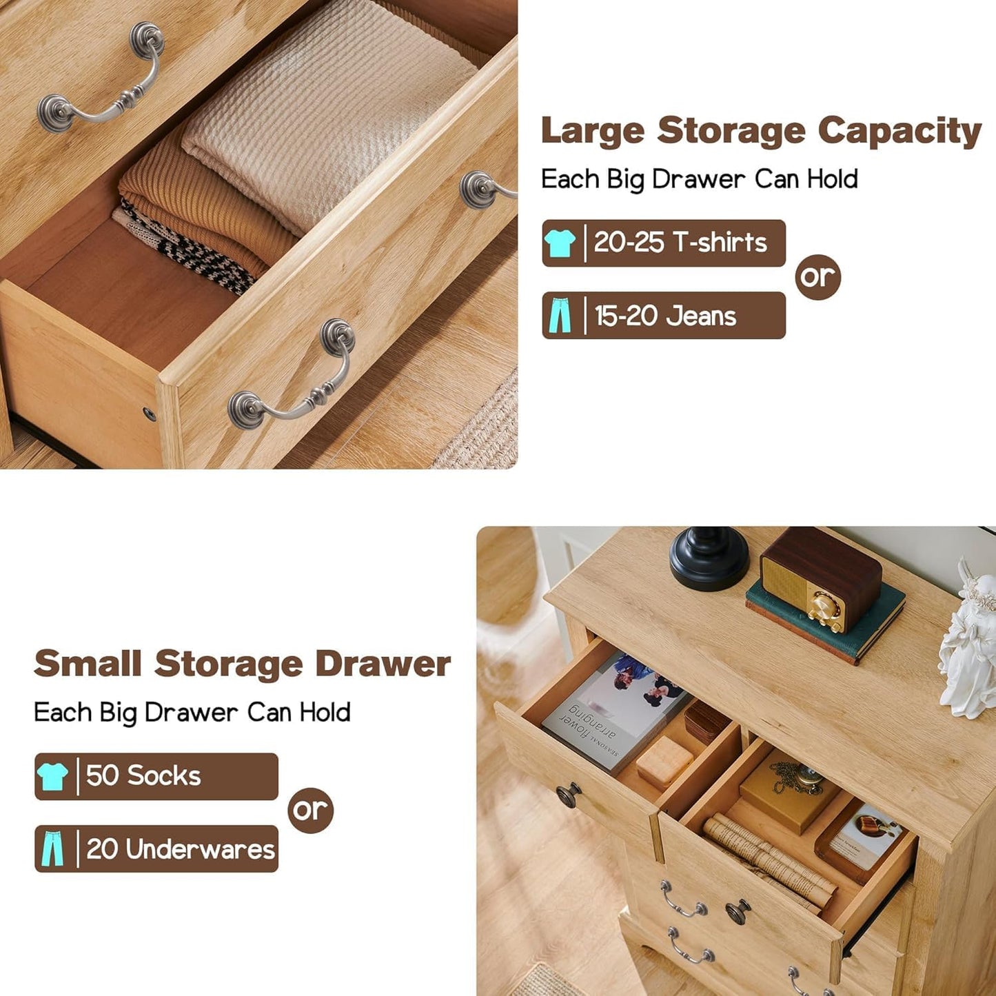 T4TREAM 6 Drawers Dresser Chests for Bedroom, 48" Tall Rustic Chset of Drawers, Wood Dressers Organizer for Bedroom, Living Room,Hallway, Natural Oak