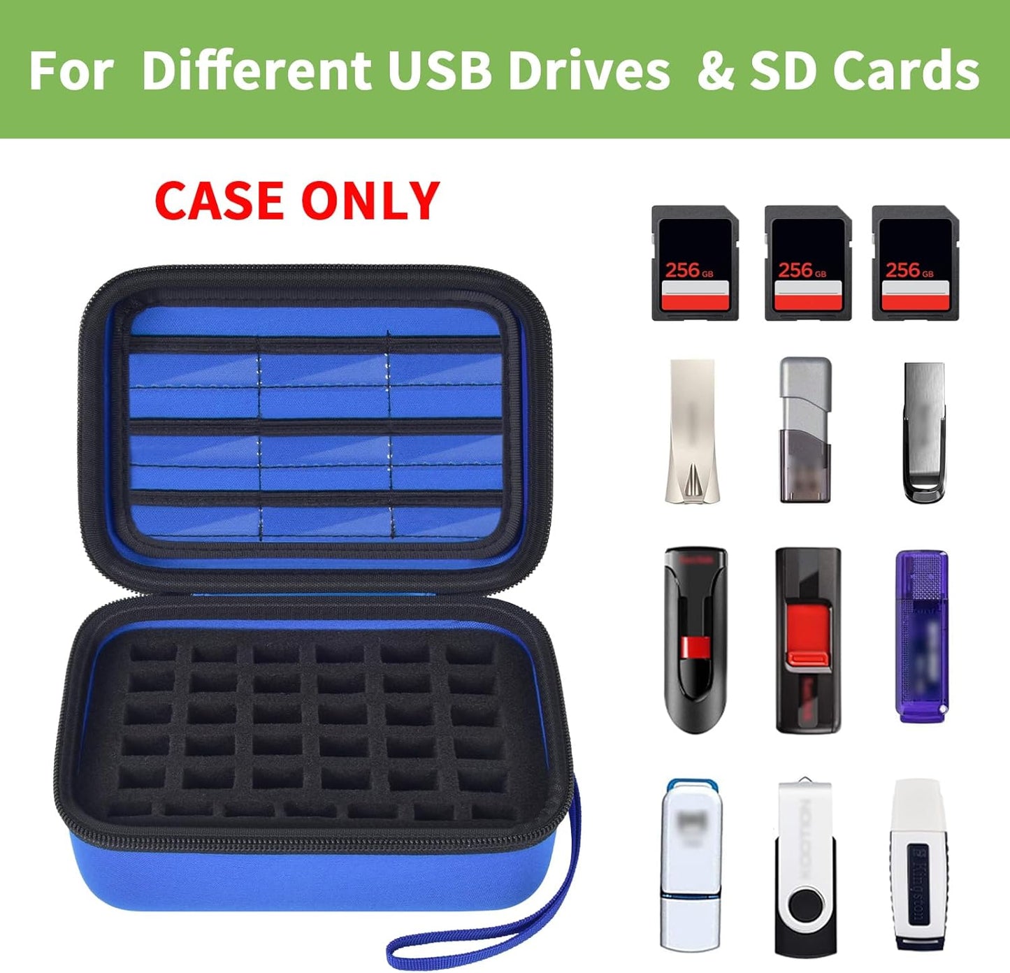 USB Flash Drive Case, SD Card/Memory Stick Pouch for SanDisk, for Samsung, for Netac, for Maspen/for SamData Thumb Drives, Hard Shell Protective Storage Organizer with Sponge- Box Only- Blue