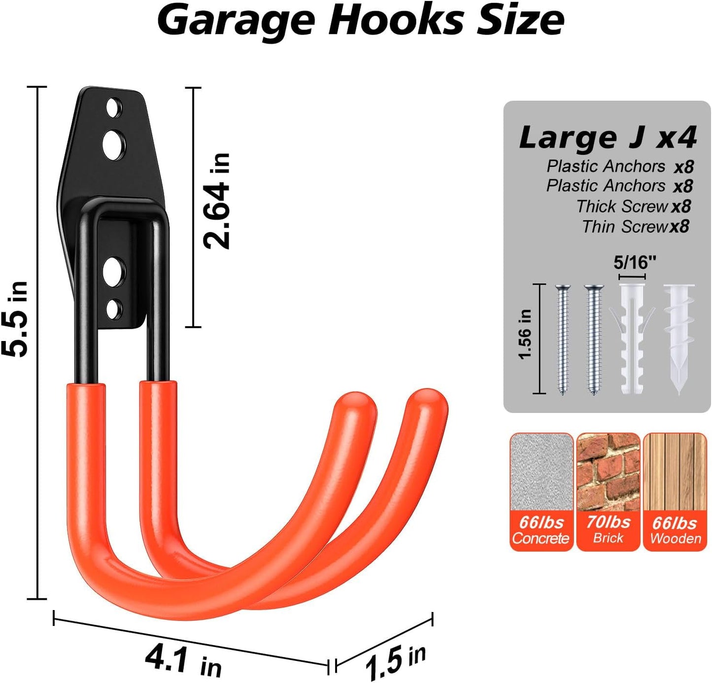 4 Pack Heavy Duty Garage Hooks,Solid Steel Wall Mount Hangers,with Anti-Slip Coating,for Hanging and Organising Ladder,Bike,Ropes,Broom,Garden,Yard and Power Tools(5.5x4.1 inch)