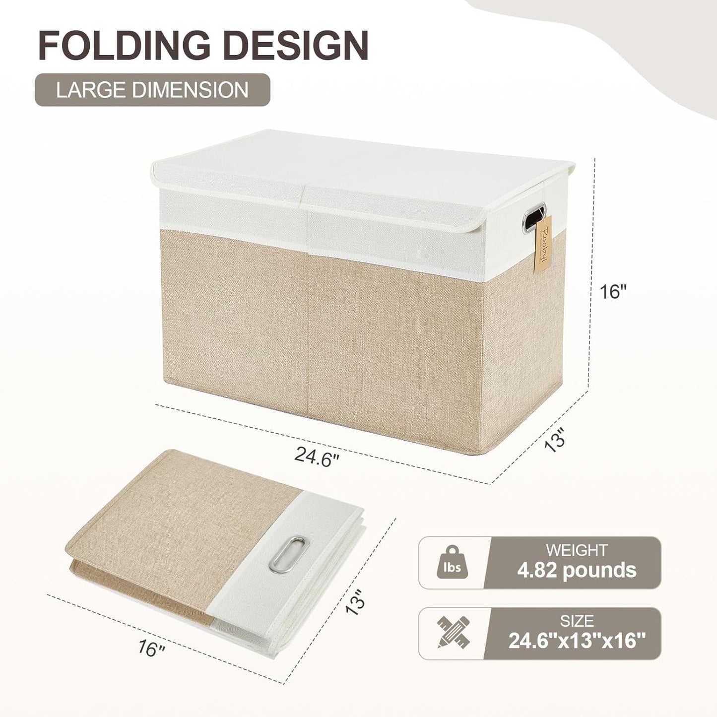 Large Toy Box with Flip-Top Lid, Collapsible Storage Organizer Bins with Dividers and Handles, Kids Bin Chest Baskets for Toys, Playroom Organizers, Nursery 25"x13" x16" (Beige & White)