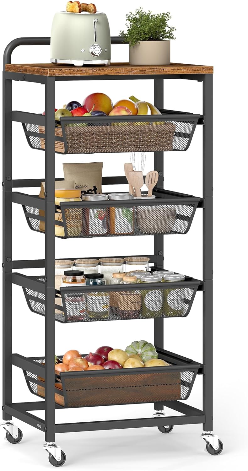 VASAGLE Storage Cart with Pull-Out Baskets, 5-Tier Kitchen Cart with Wheels, Handle, 12.5 x 15.8 x 37.4 Inches, Rustic Brown and Ink Black ULRC041K01