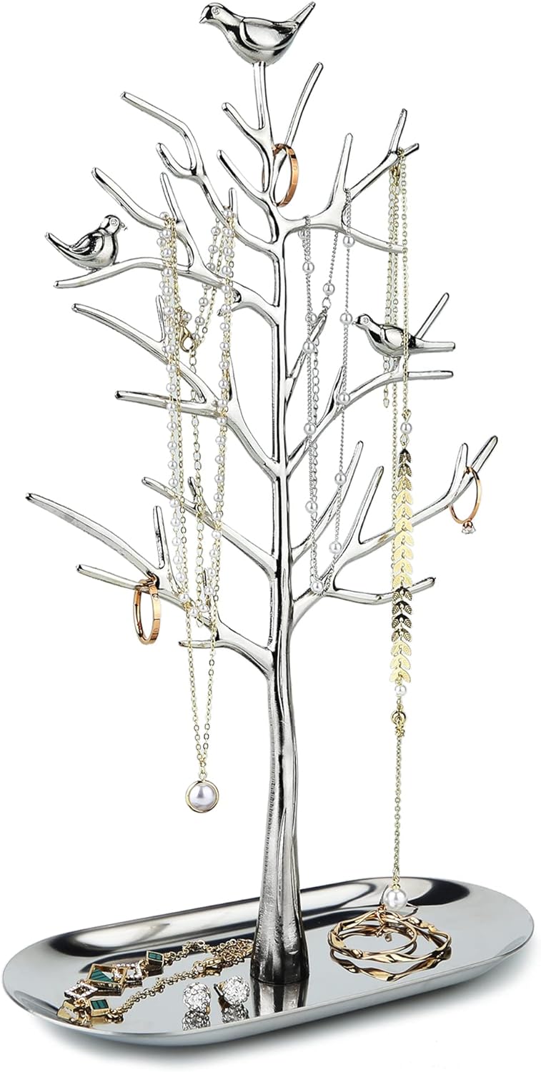 MORE&LESS Branch Jewelry Rack with metal tray,Luxury color,Tree Tower Rack Hanging Organizer for Ring Earrings Necklace Bracelet,Suitable for living rooms, bathrooms,offices,etc.