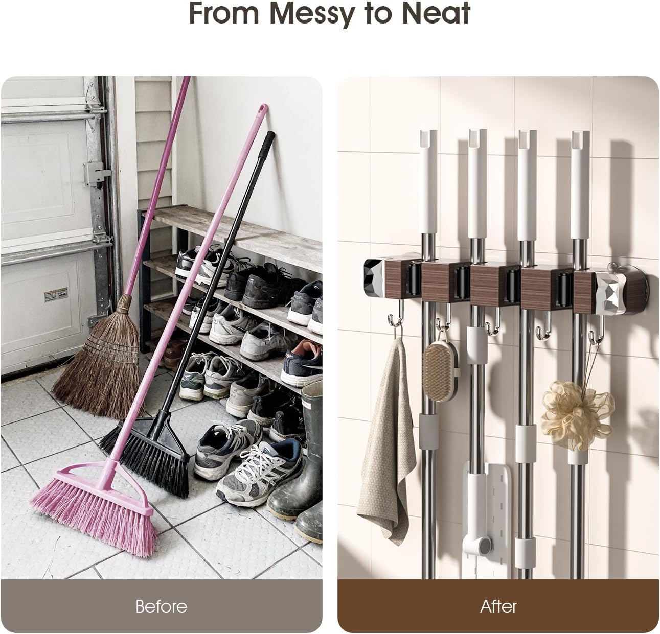 Suction Cup No Drilling Broom Holder Wall Mount, Walnut Color Mop Organizer Wall Hanging, 4 Racks 5 Hooks Tool Organizer Hanger Self Adhesive for Home, Garage, Garden, Laundry, Kitchen