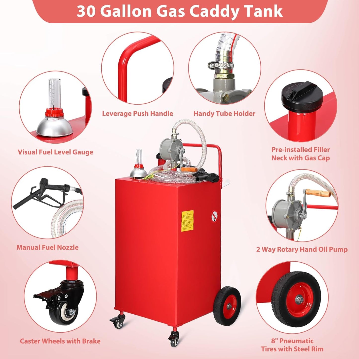 30 Gallon Gas & Diesel Fuel Caddy with Transfer Pump – Mobile Fuel Storage Tank with 4-Wheel Cart for Boats, Lawn Mowers, Snowblowers, Motorcycles & Construction Equipment - Red